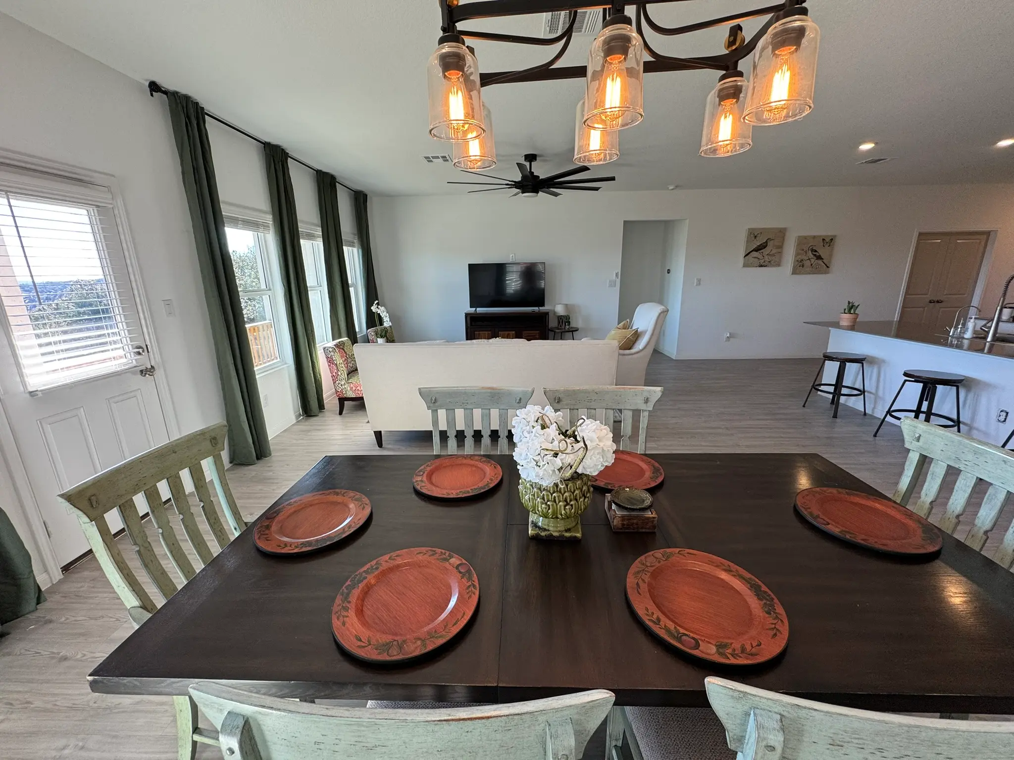 Dining area with rustic chandelier